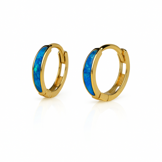 14k Yellow Gold Dark Blue Opal Huggie Hoop Earrings