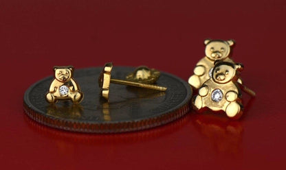 14k Yellow Gold CZ Bear Stud Earrings