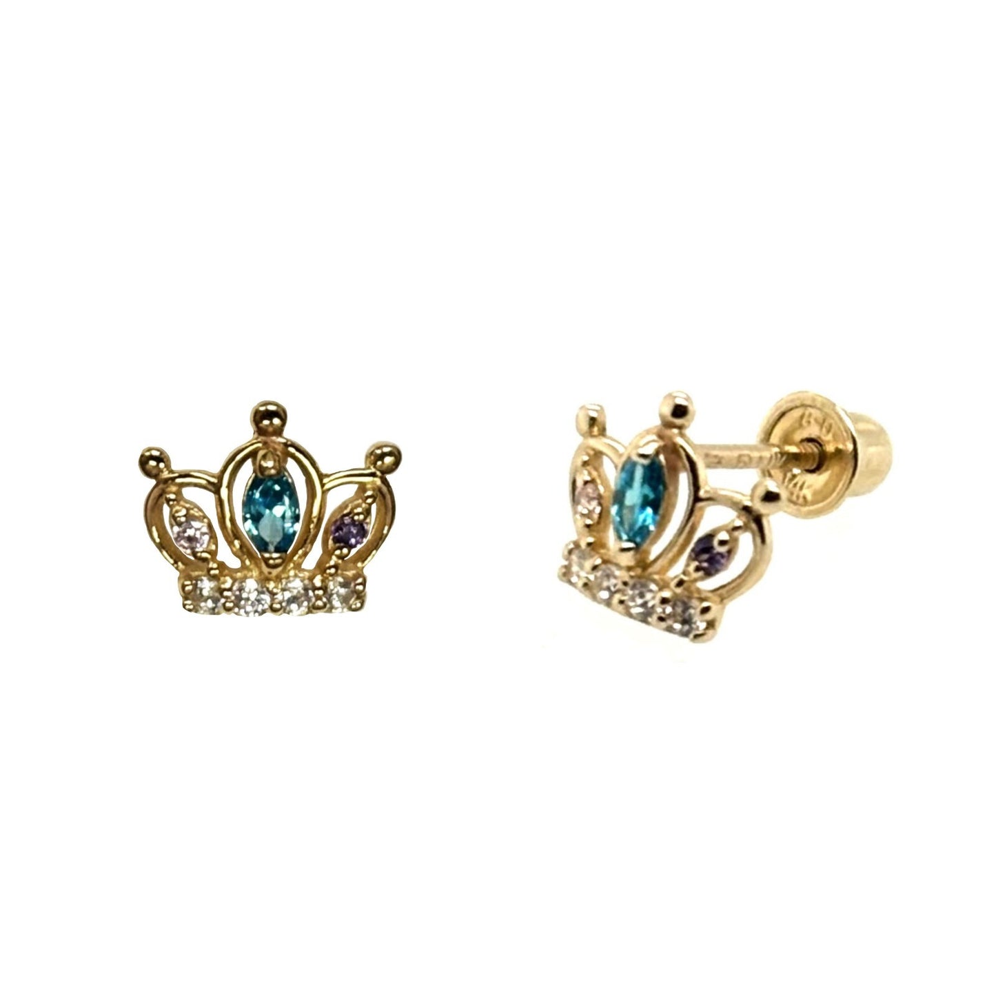 14K Solid Yellow Gold Crown Screw Back CZ Stud Earrings