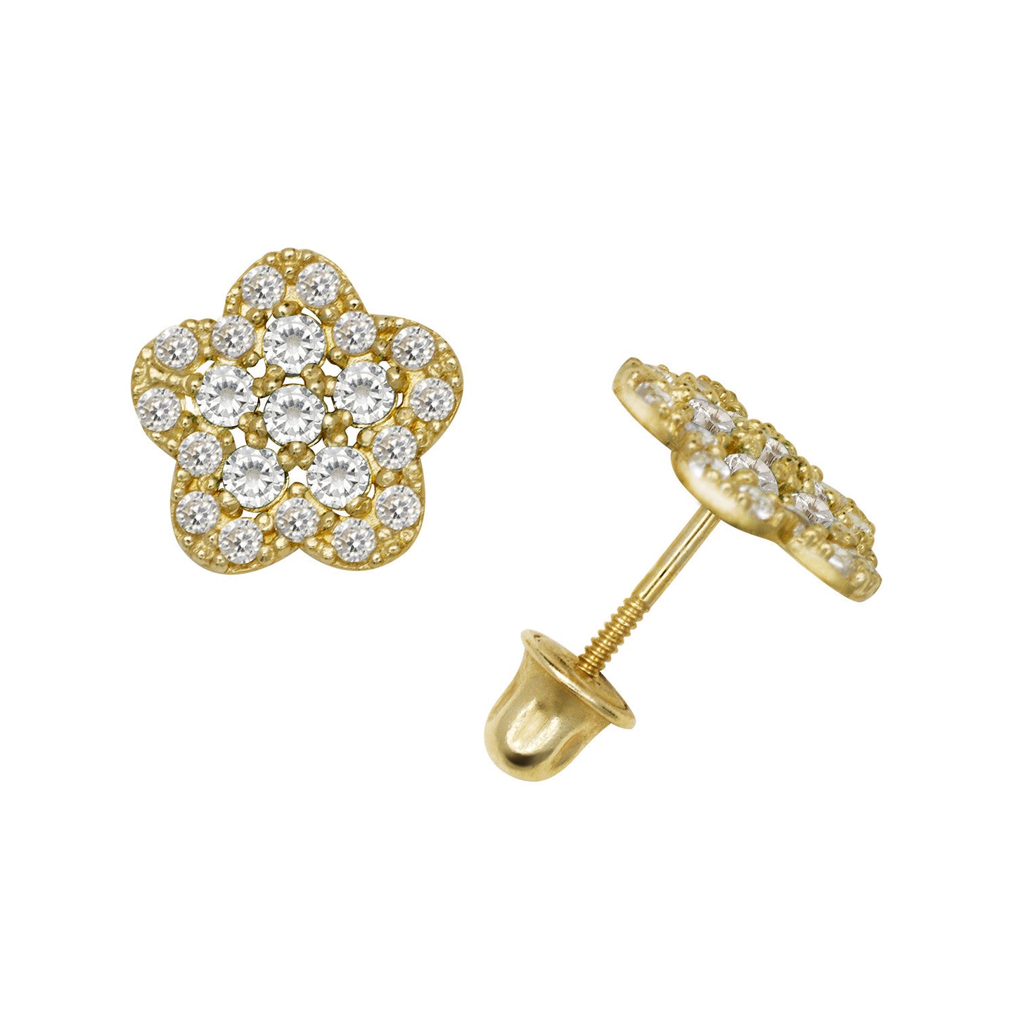 14k Yellow or White Gold CZ Flower Birthstone Stud Screw Back Earrings