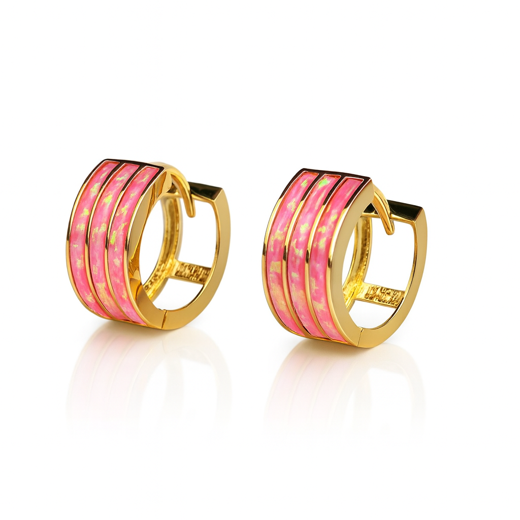 14k Yellow Gold Triple Row Hot Pink Opal Huggie Hoop Earrings