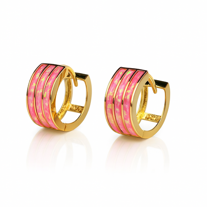 14k Yellow Gold Triple Row Hot Pink Opal Huggie Hoop Earrings