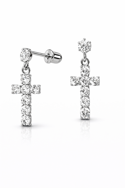 14K Yellow or White Gold Cubic Zirconia CZ Cross Dangle Earrings