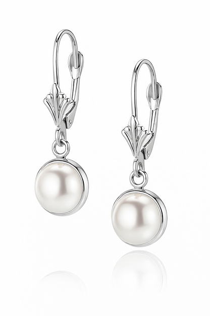 14k Yellow Gold Genuine White Natural Pearl Dangle Earrings