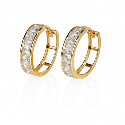 14K Yellow Gold Princess Cut Huggie Hoop Earrings