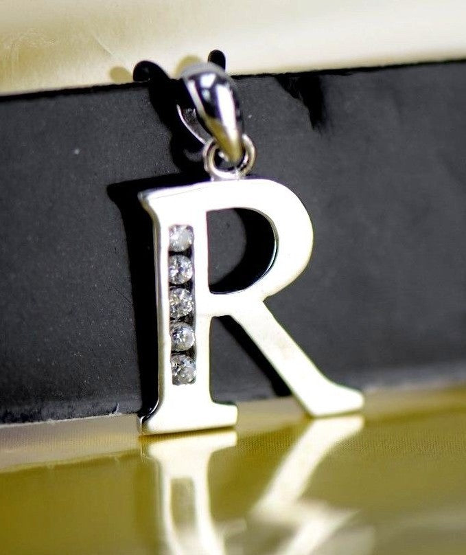 14k Solid White Gold Initial Letter CZ Pendant