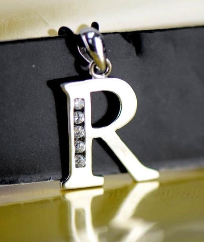 14k Solid White Gold Initial Letter CZ Pendant