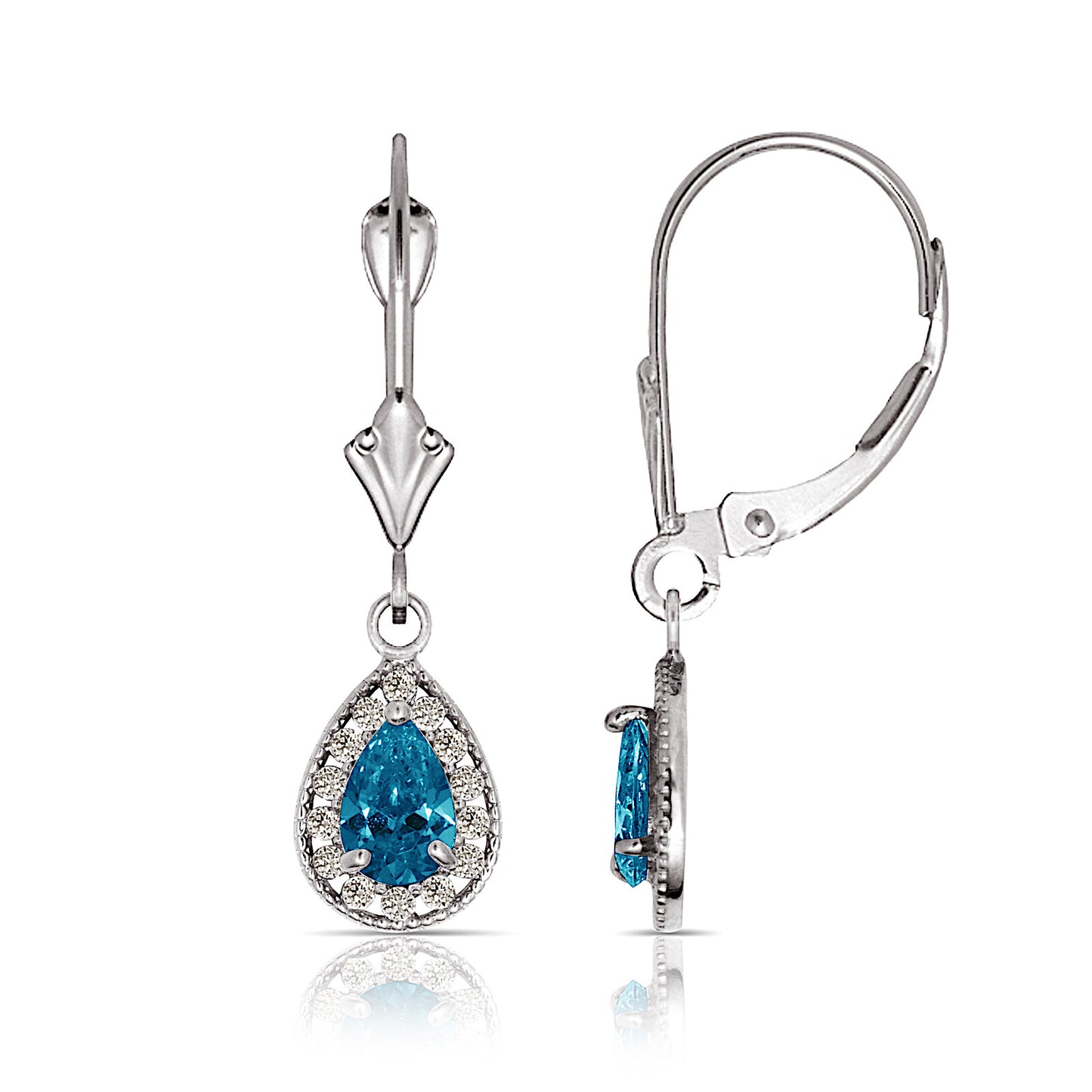 14k White Gold Halo CZ Tear Drop Dangle Leverback Earrings