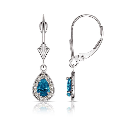 14k White Gold Halo CZ Tear Drop Dangle Leverback Earrings