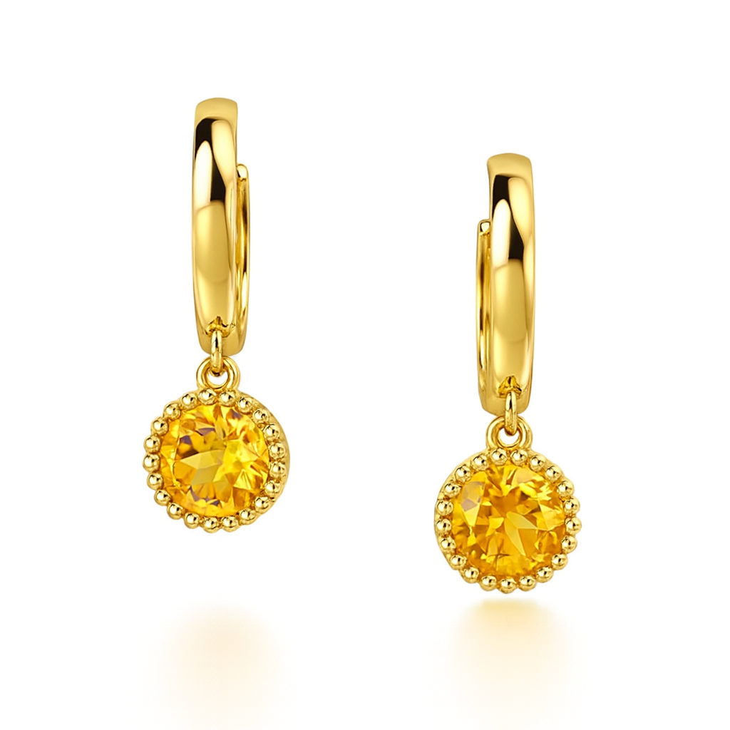14k Yellow Gold Dangle Round Birthstone Huggie Earrings
