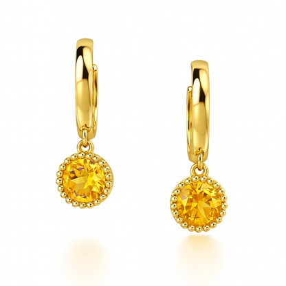 14k Yellow Gold Dangle Round Birthstone Huggie Earrings