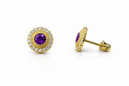 14k Yellow/White Round Halo Stud Earrings Screwback