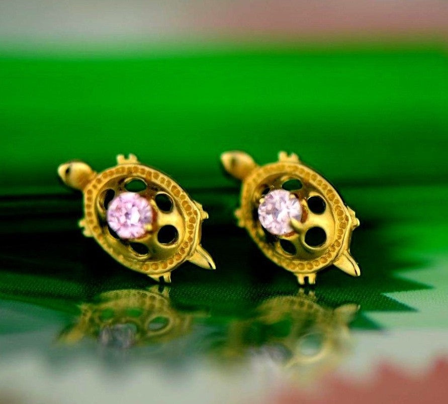 14k Yellow Gold Turtle CZ Stud Earrings Screw Back