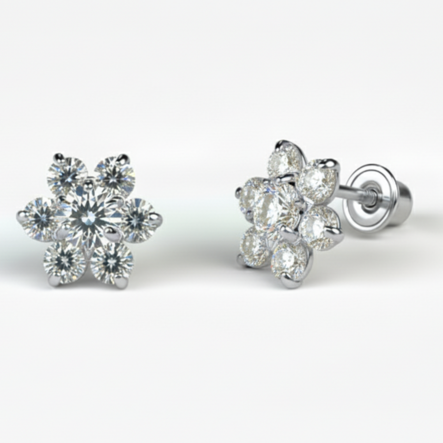 14K White Gold Beautiful Flower CZ Stud Earrings for Women