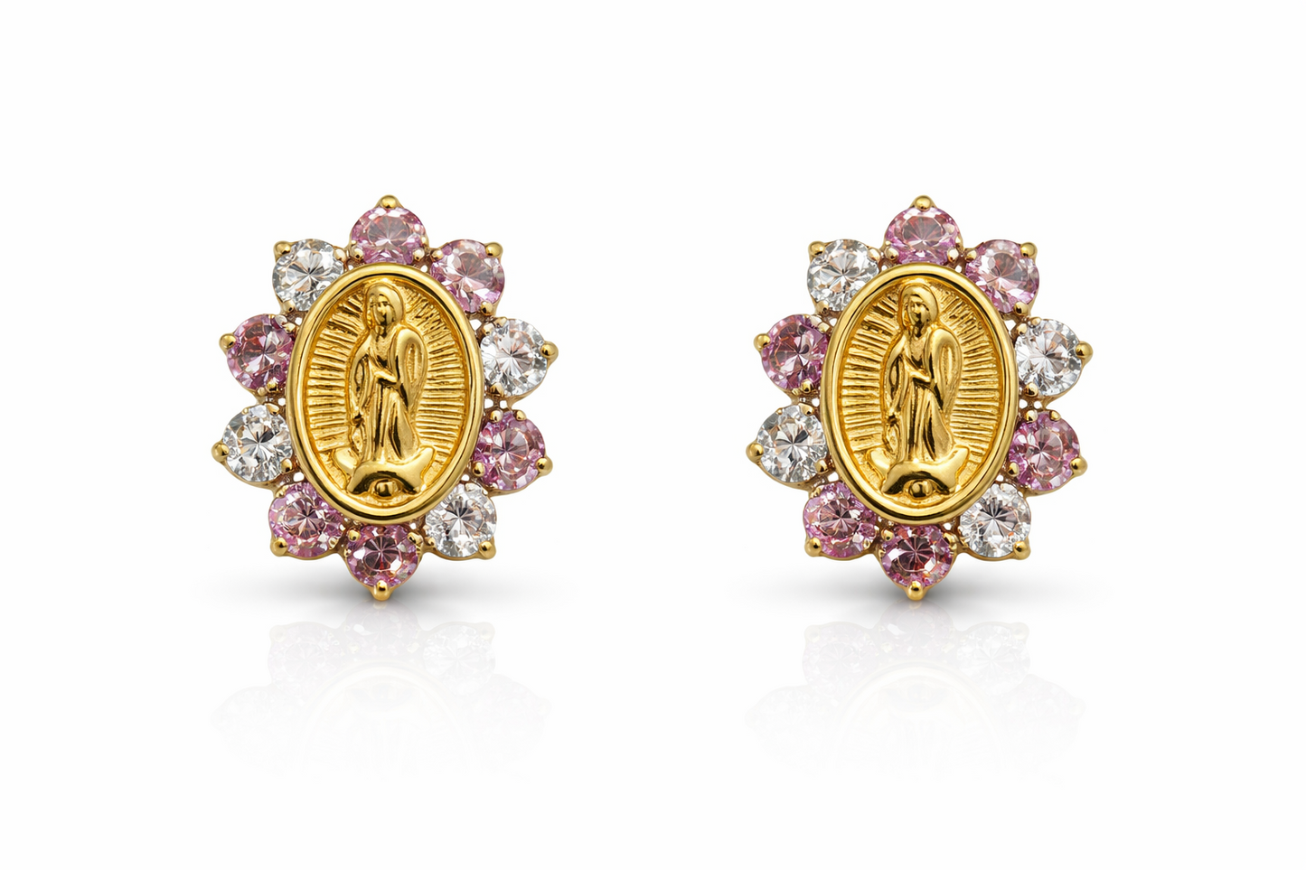 Solid 14K Yellow Gold Guadalupe Virgin Mary Screw Back CZ Stud Earrings