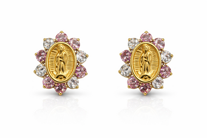 Solid 14K Yellow Gold Guadalupe Virgin Mary Screw Back CZ Stud Earrings