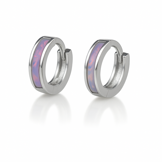 14k White Gold One Row Purple Opal Huggie Hoop Earrings