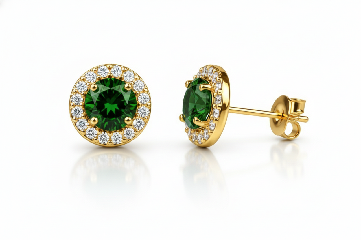 14K Solid Yellow Gold Halo Stud Push Back Earrings