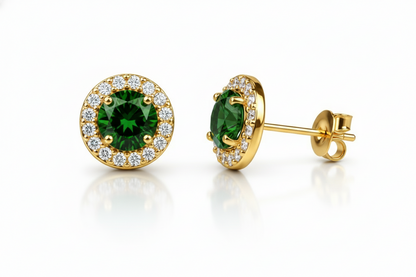 14K Solid Yellow Gold Halo Stud Push Back Earrings