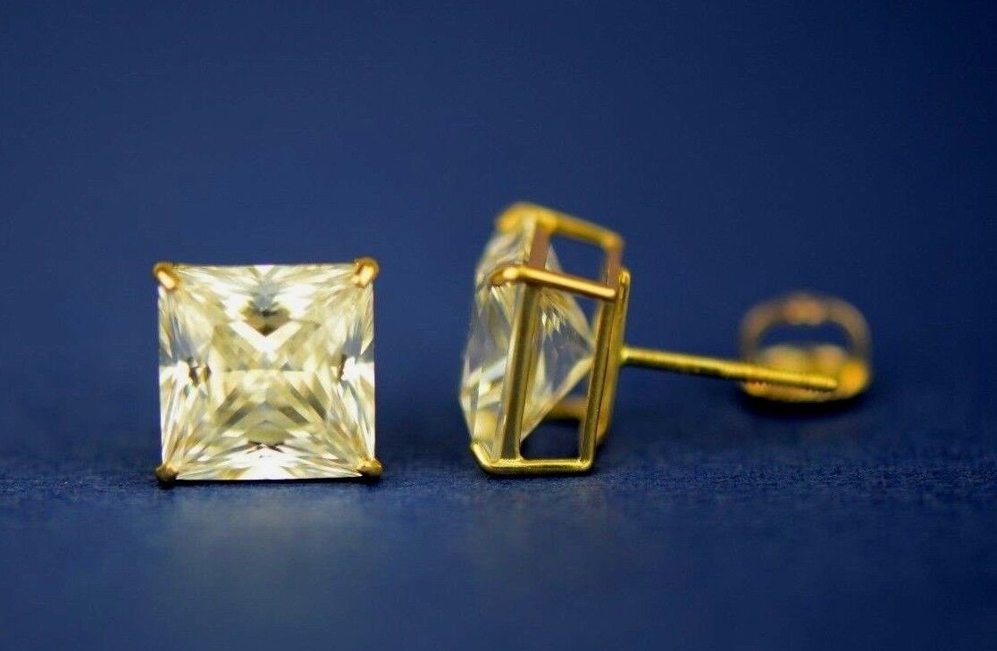 14k Heavy Basket Yellow Gold Square AAA Quality CZ Stud Earrings with Screw Back