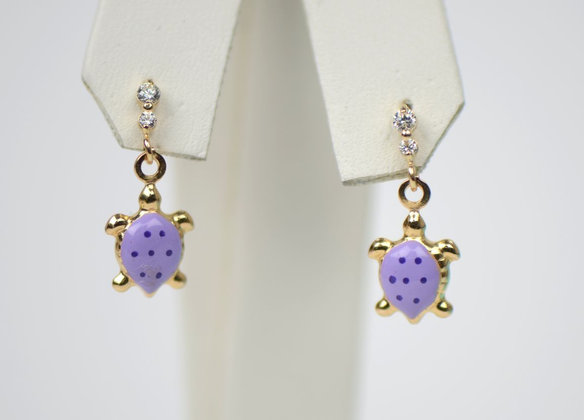 14K Solid Yellow Gold Turtle Enamel Dangle Screw Back Baby Earrings