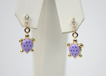 14K Solid Yellow Gold Turtle Enamel Dangle Screw Back Baby Earrings
