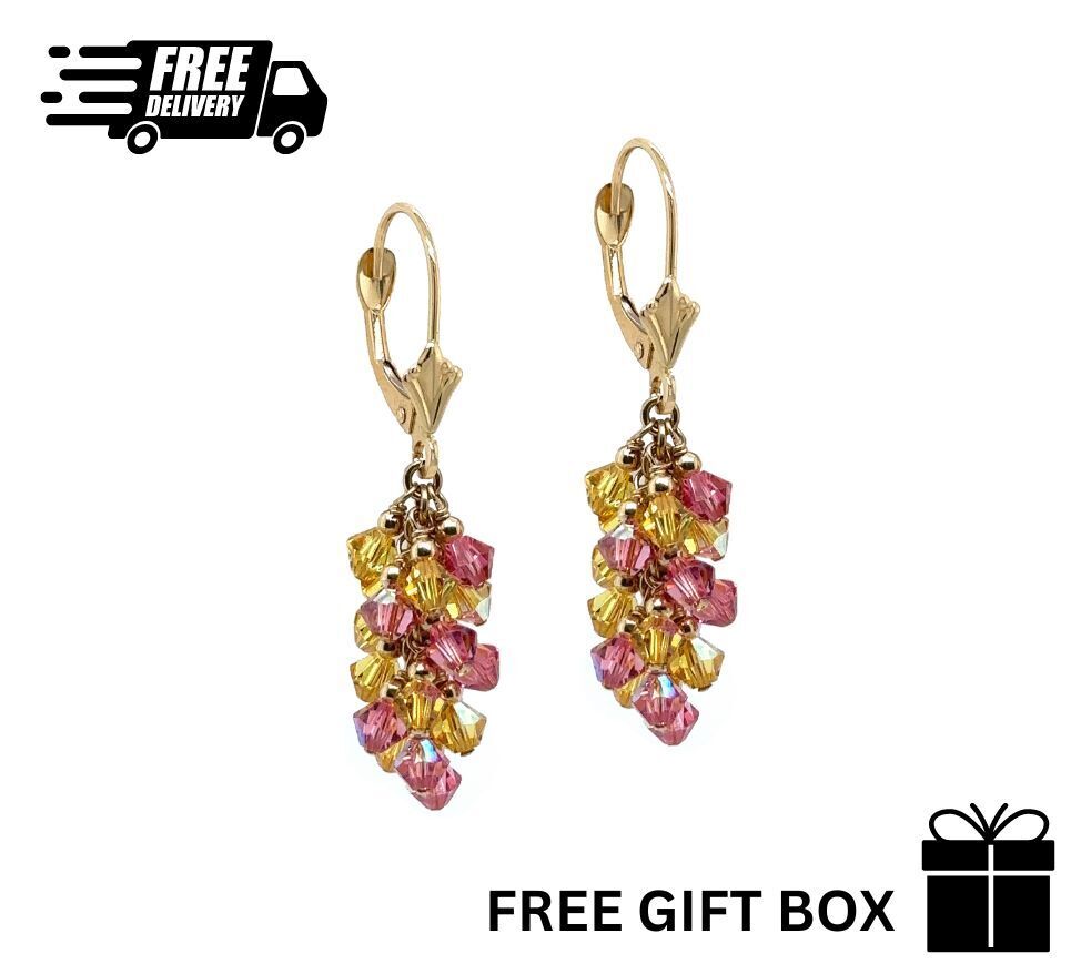 14k Yellow Gold Dangle Grape Leverback Earrings Made with Crystal from Swarovski