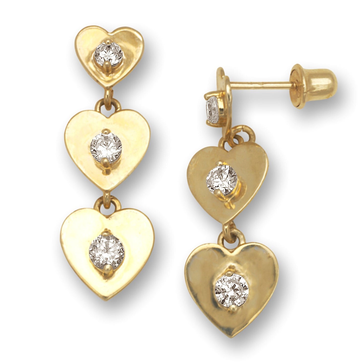 14K Yellow Gold Triple Heart Dangle Screw Back Earrings for Women