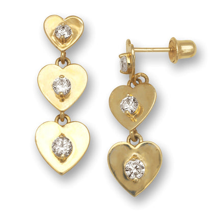 14K Yellow Gold Triple Heart Dangle Screw Back Earrings for Women