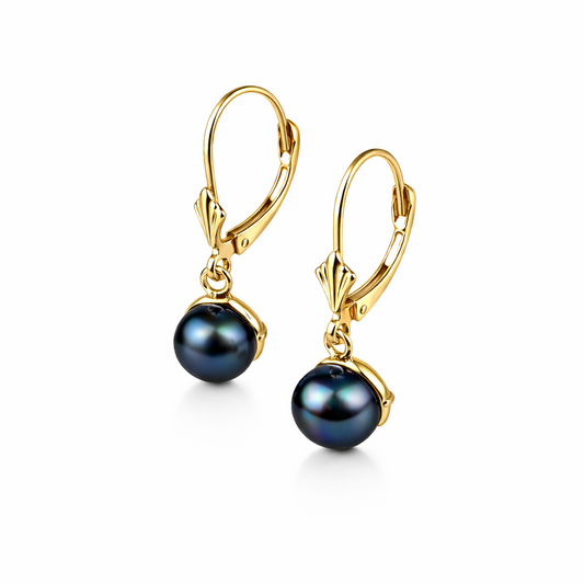 14k Yellow & White Small Gold Leverback Dangle Black Natural Pearl Earrings