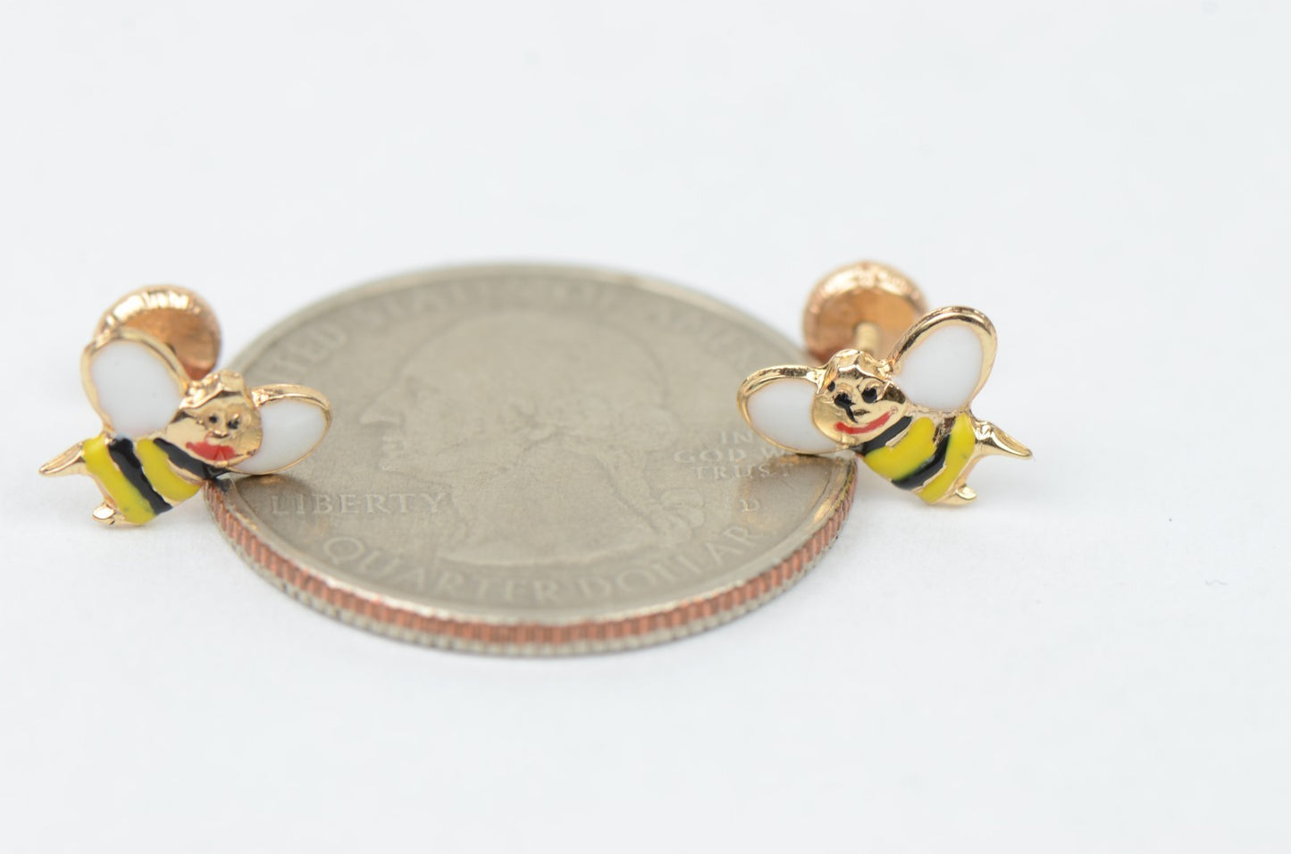 14k Yellow Gold Baby Beautiful Enamel Bee earrings with Screw Back