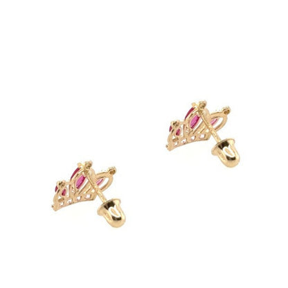 14K Solid Yellow Gold Crown Screw Back CZ Stud Earrings