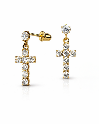 14K Yellow or White Gold Cubic Zirconia CZ Cross Dangle Earrings