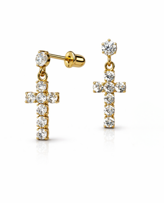14K Yellow or White Gold Cubic Zirconia CZ Cross Dangle Earrings