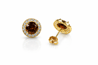14K Solid Yellow Gold Round Halo CZ Stud Push Back Earrings