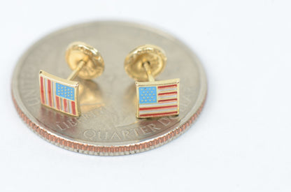 14K Yellow Gold American Flag Stud Earrings with Enamel