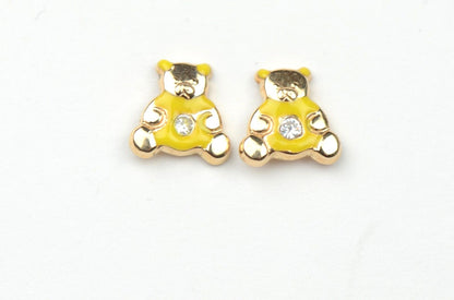 14k Yellow Gold Baby Enamel CZ Teddy Bear earrings, Screw Back