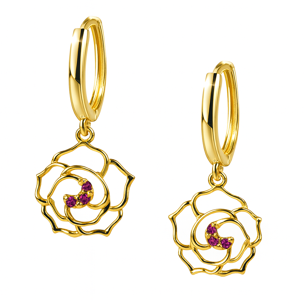 14k Yellow / White Gold Dangle CZ Flower Huggie Earrings