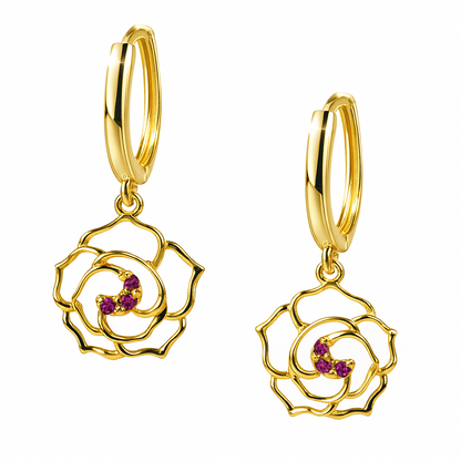 14k Yellow / White Gold Dangle CZ Flower Huggie Earrings