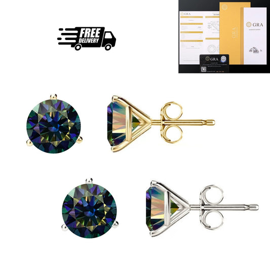 14KGold GRACertifiedD-VVS1 Rainbow Blue Moissanite Push Back Stud Earrings