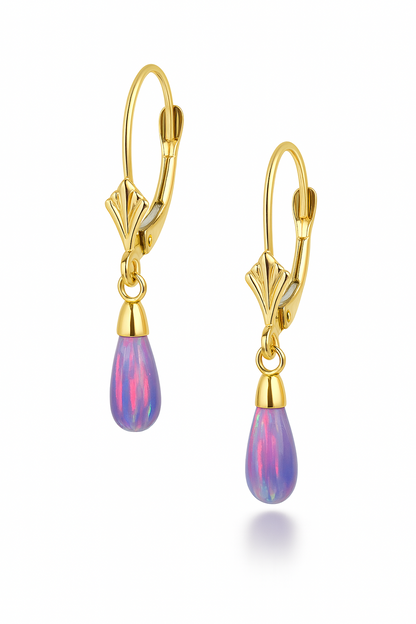 14k-Yellow and White Gold  Dangle Opal Leverback Earrings