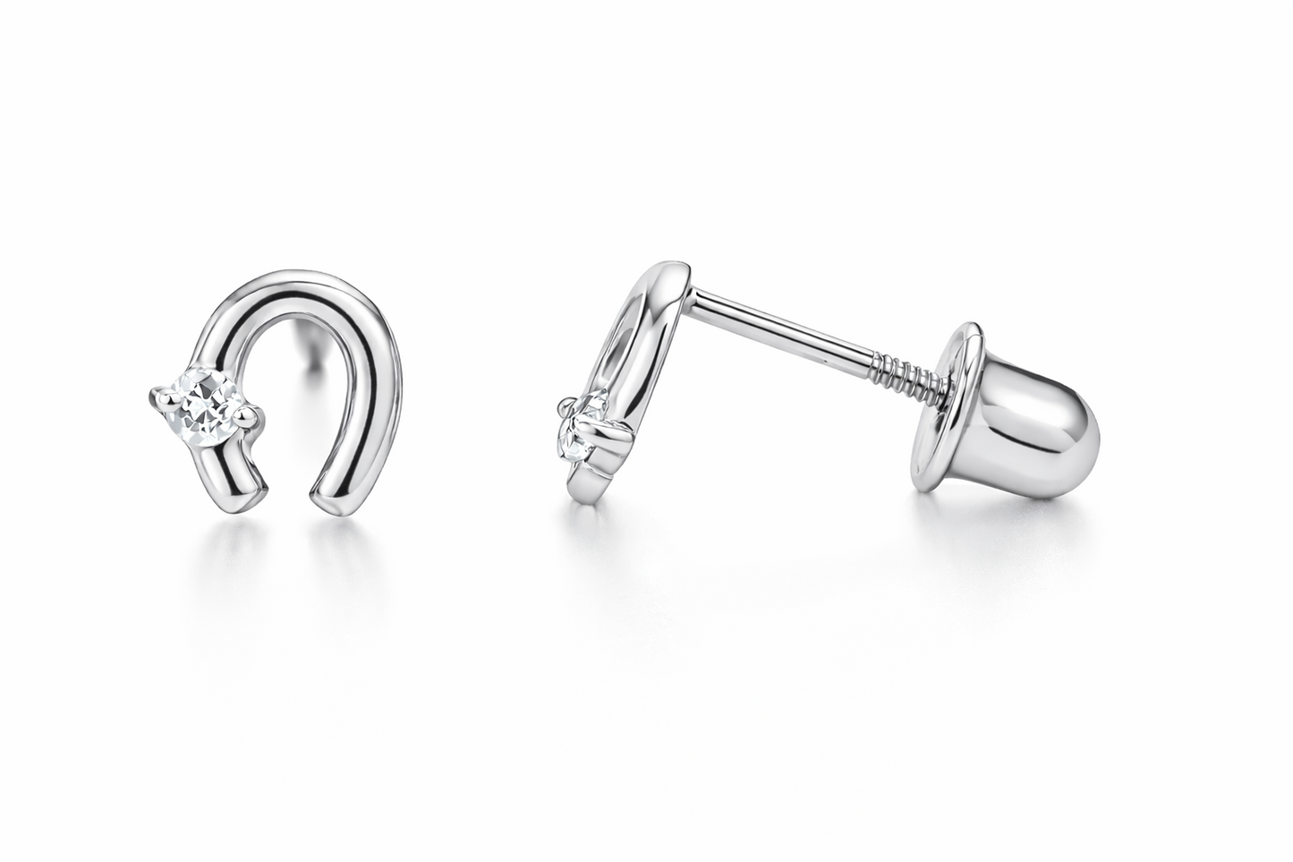 14k Solid Yellow or White Gold Horse Shoe Screw Back Stud Earrings with CZ