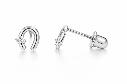 14k Solid Yellow or White Gold Horse Shoe Screw Back Stud Earrings with CZ