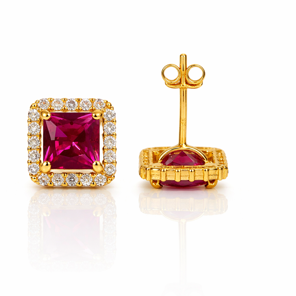 14k Yellow and White Gold Cushion Stud Earrings with Push Back