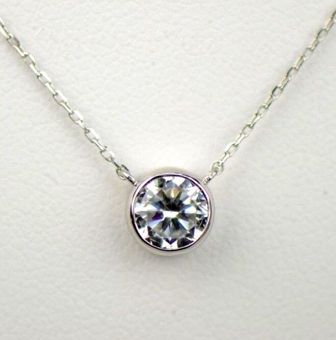 1ct Round Solitaire Pendant Necklace Bezel Set Chain 14K White or Yellow Gold
