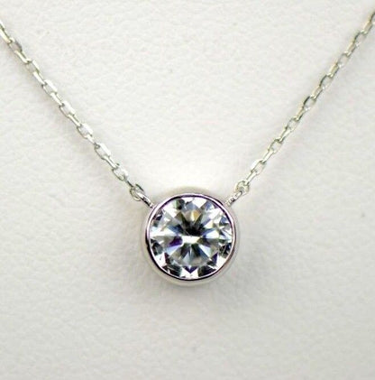 1ct Round Solitaire Pendant Necklace Bezel Set Chain 14K White or Yellow Gold