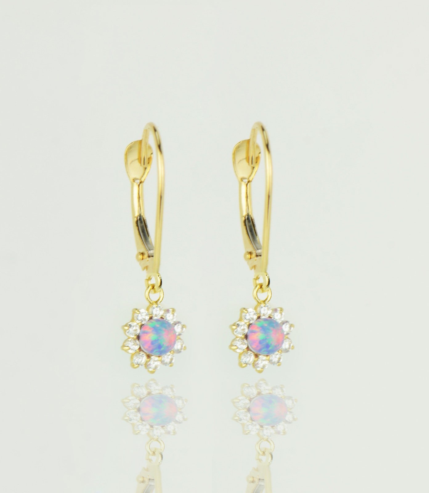 14k-Yellow-Gold-Opal Flower-CZ-Dangle-Earrings