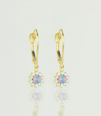 14k-Yellow-Gold-Opal Flower-CZ-Dangle-Earrings