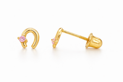 14k Solid Yellow or White Gold Horse Shoe Screw Back Stud Earrings with CZ