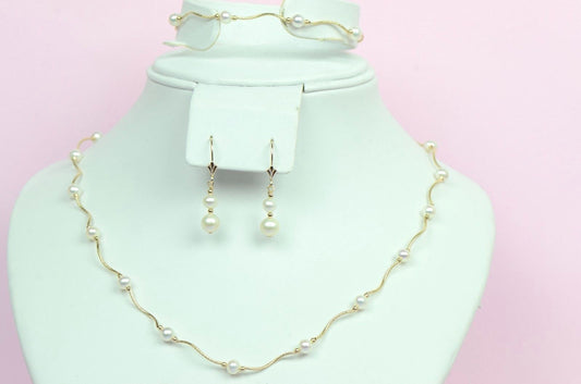 14k Yellow Gold Natural genuine White Pearls Necklace,Bracelet,Earrings 3pcs Set